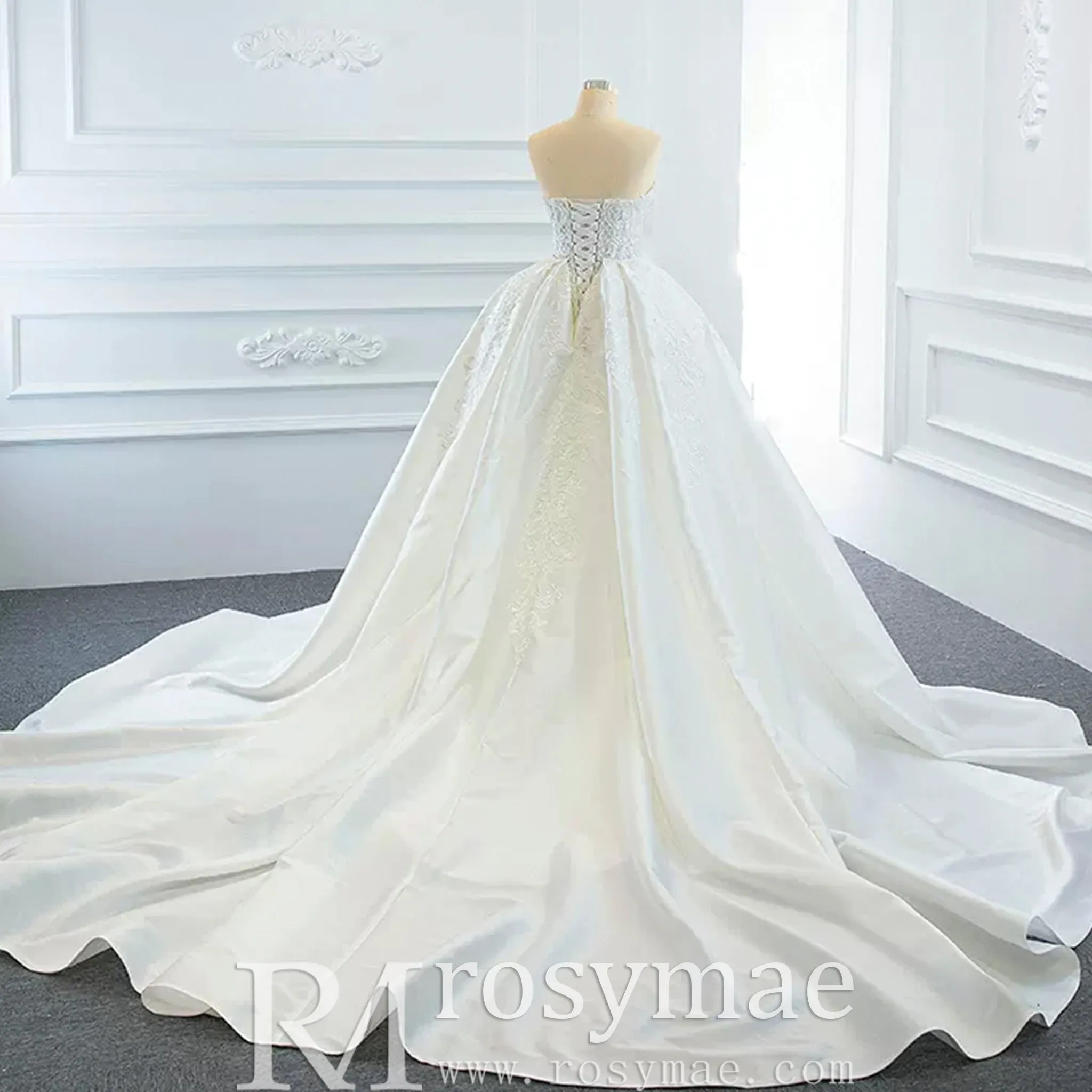 Princess Vneck Trumpet Lace Wedding Dress with Detachable Train