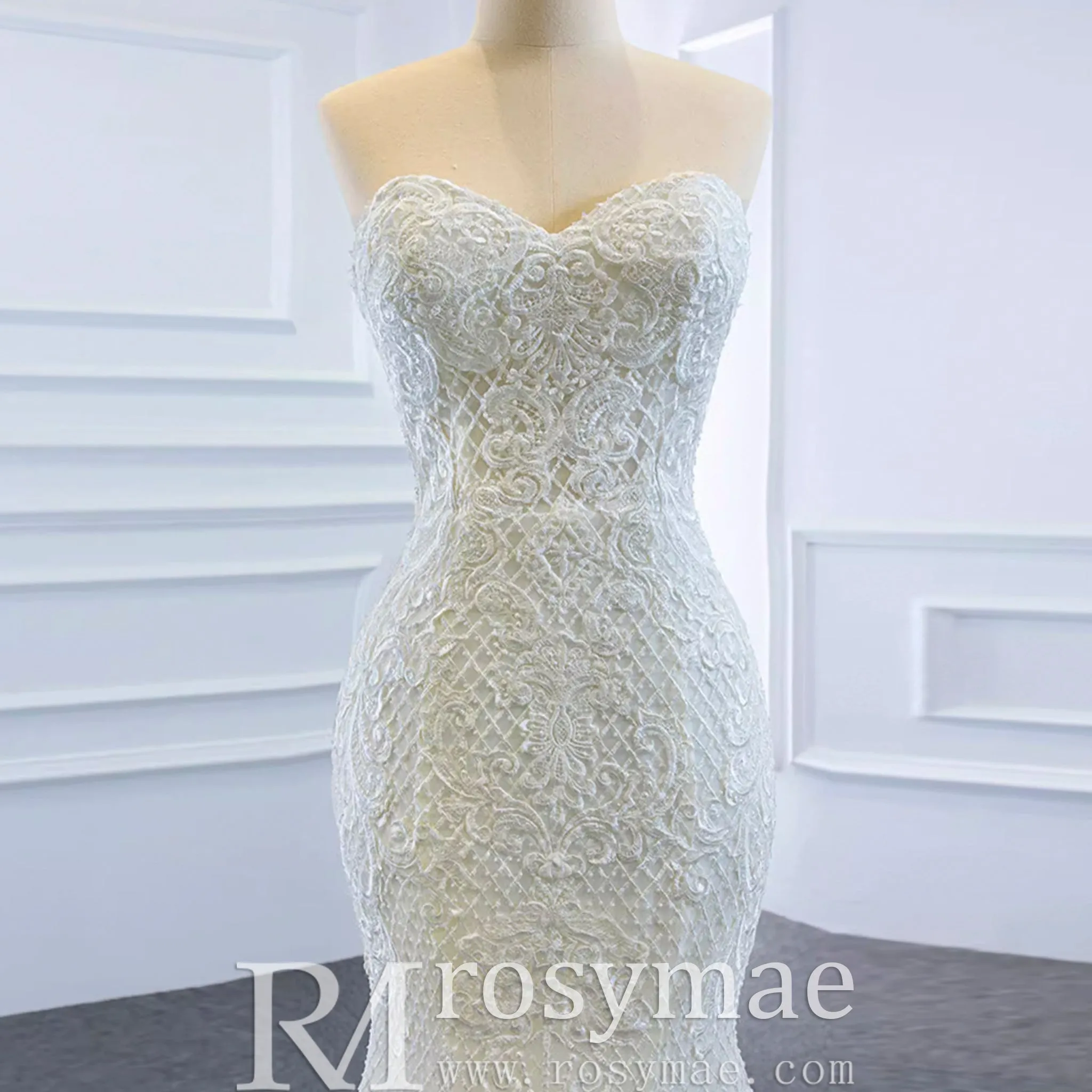 Princess Vneck Trumpet Lace Wedding Dress with Detachable Train