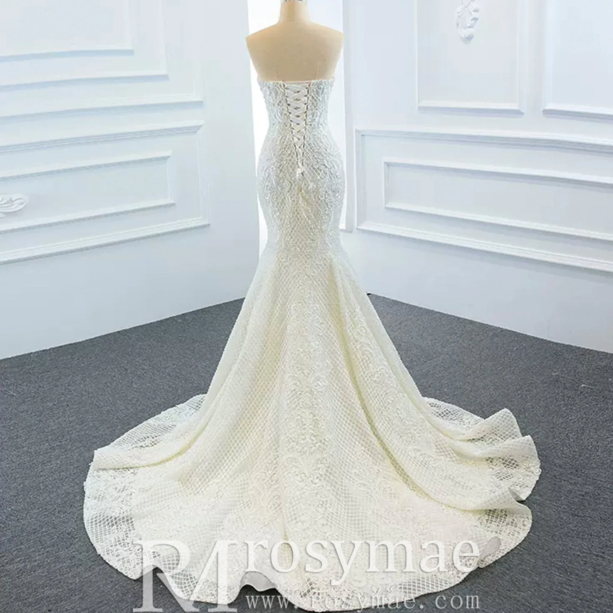 Princess Vneck Trumpet Lace Wedding Dress with Detachable Train