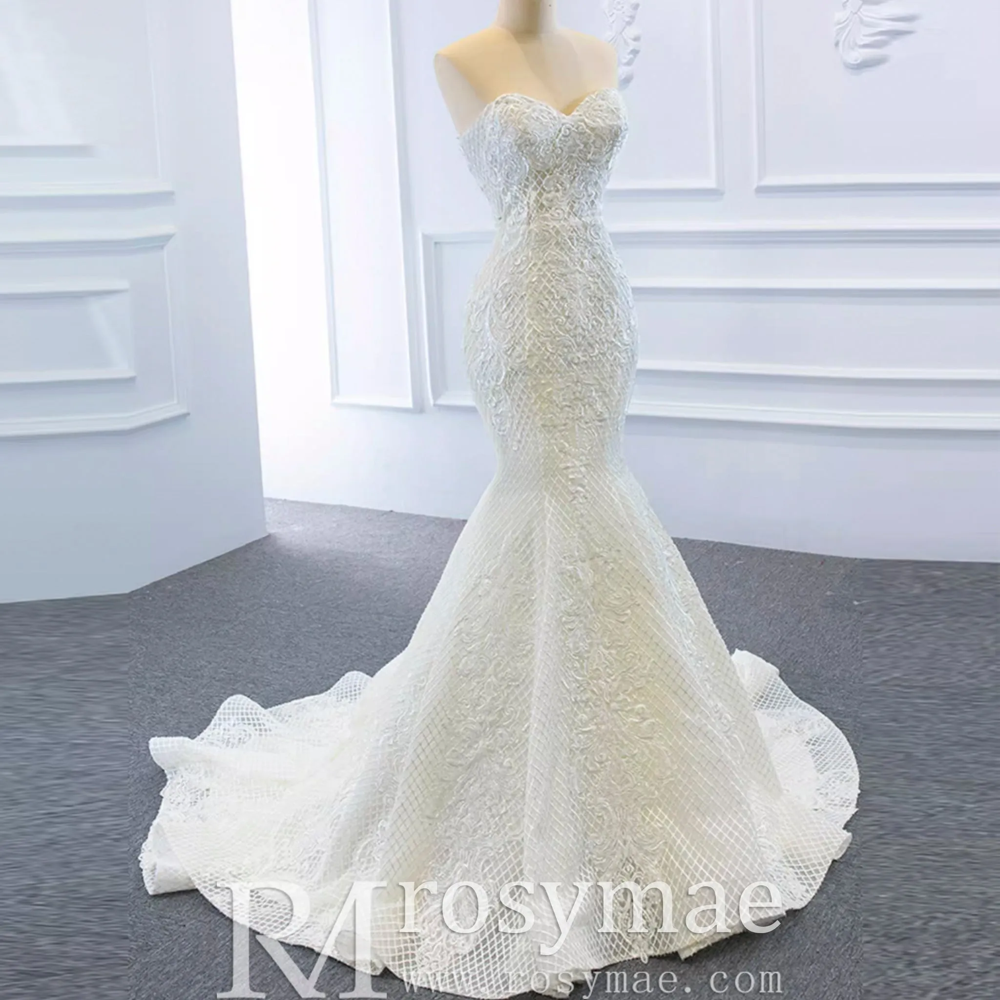 Princess Vneck Trumpet Lace Wedding Dress with Detachable Train