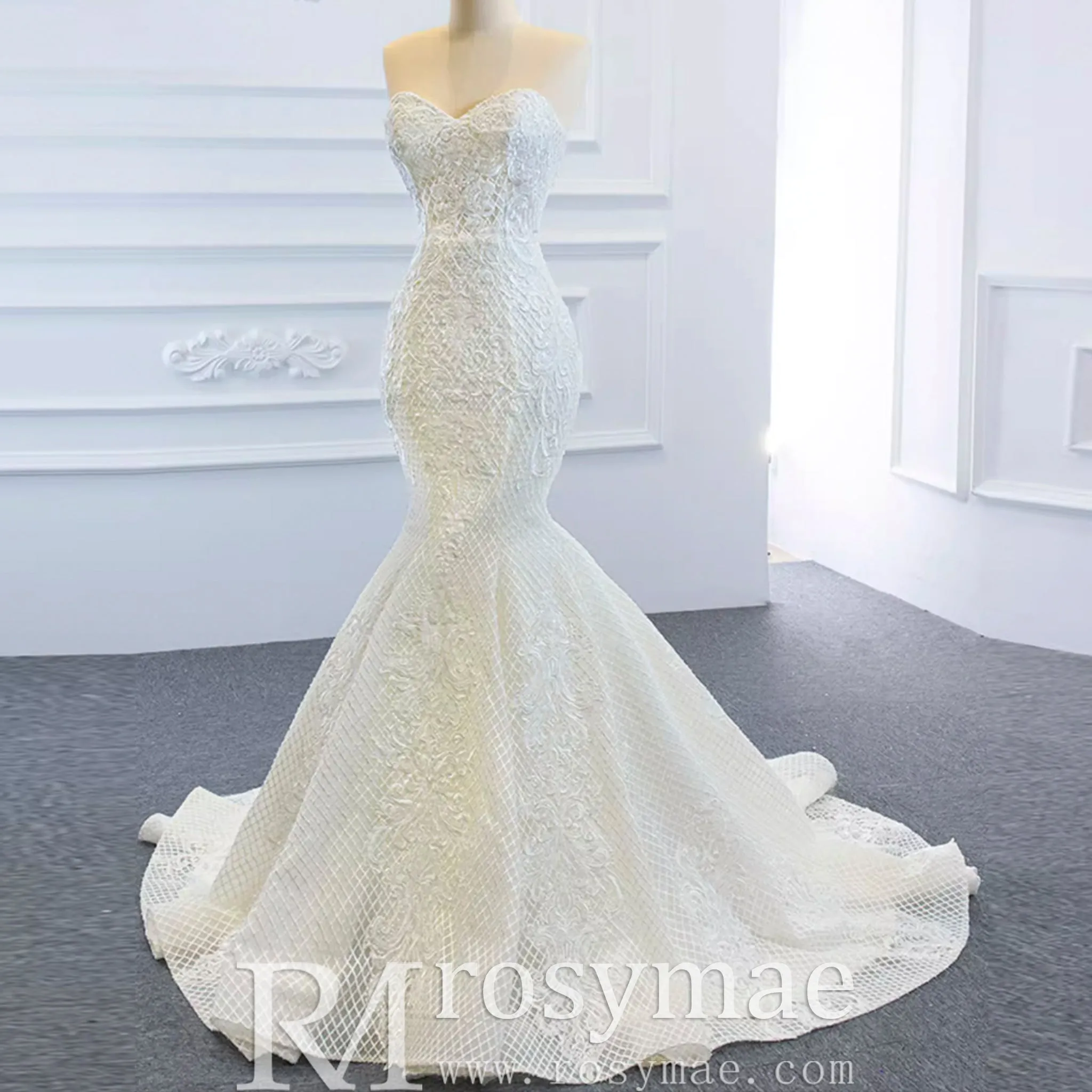 Princess Vneck Trumpet Lace Wedding Dress with Detachable Train