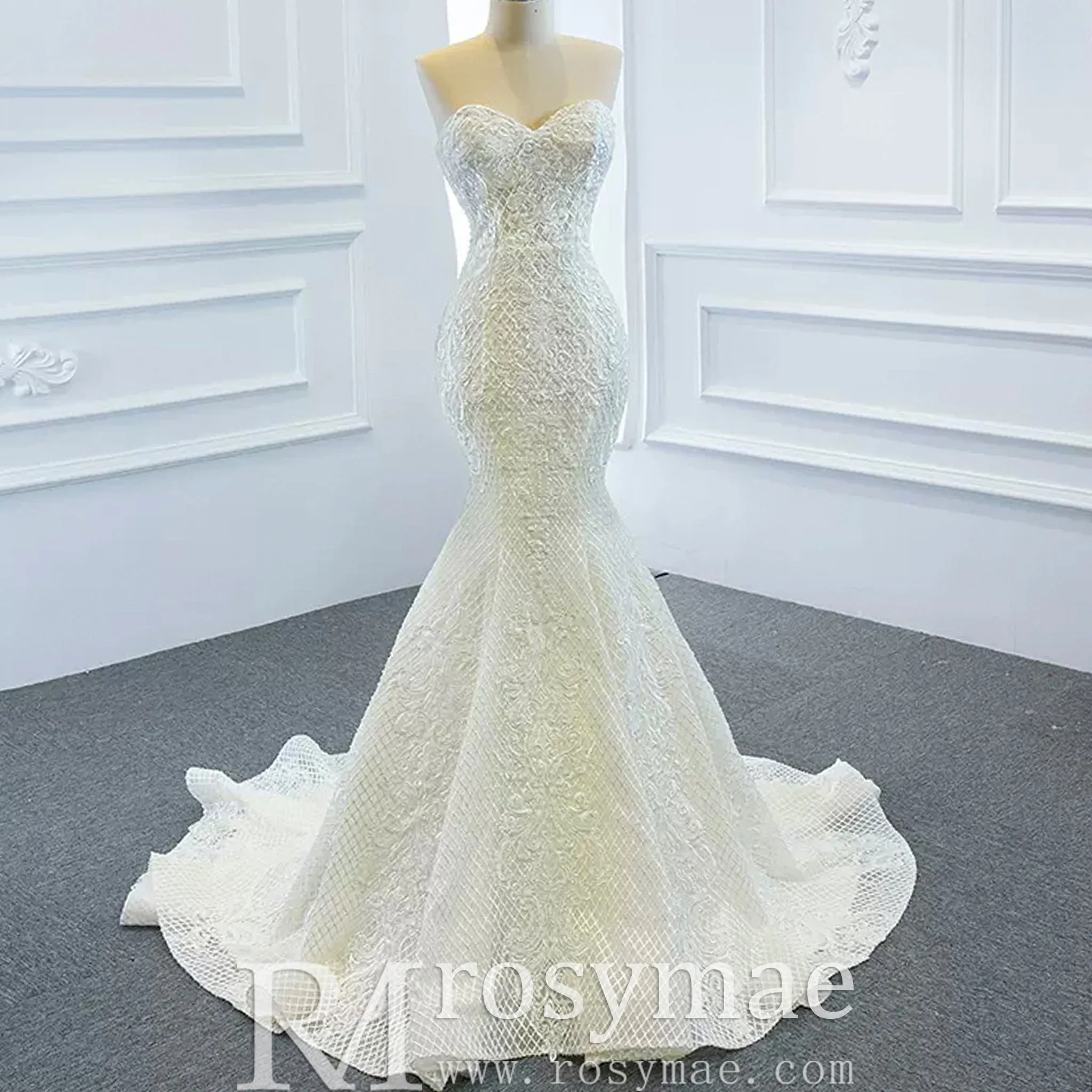Princess Vneck Trumpet Lace Wedding Dress with Detachable Train