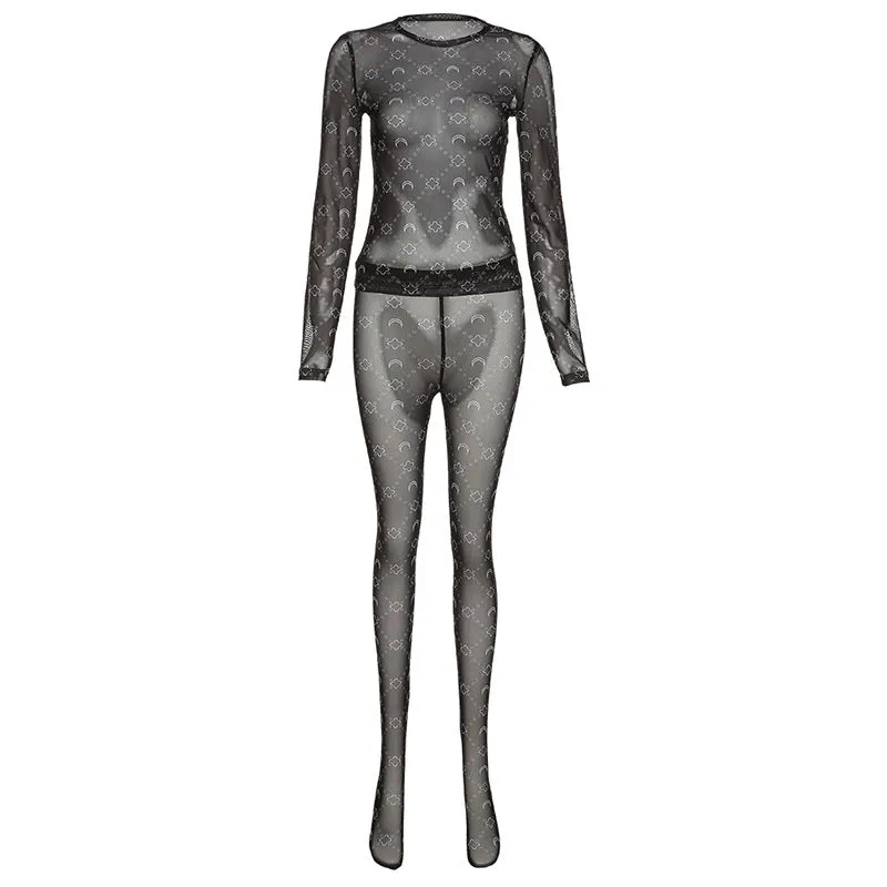 Print Long Sleeve Sheer Mesh Top & Pants Set