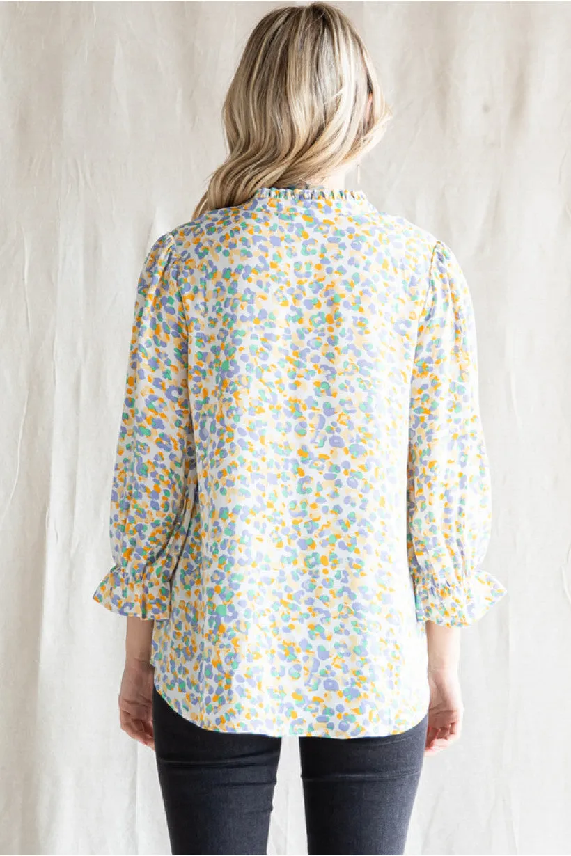 Print Top W/Frilled Self-Tie Neck