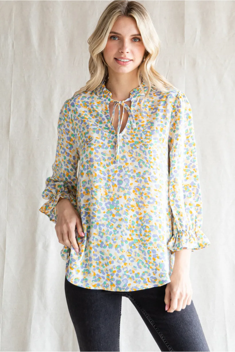 Print Top W/Frilled Self-Tie Neck