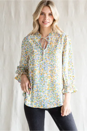 Print Top W/Frilled Self-Tie Neck