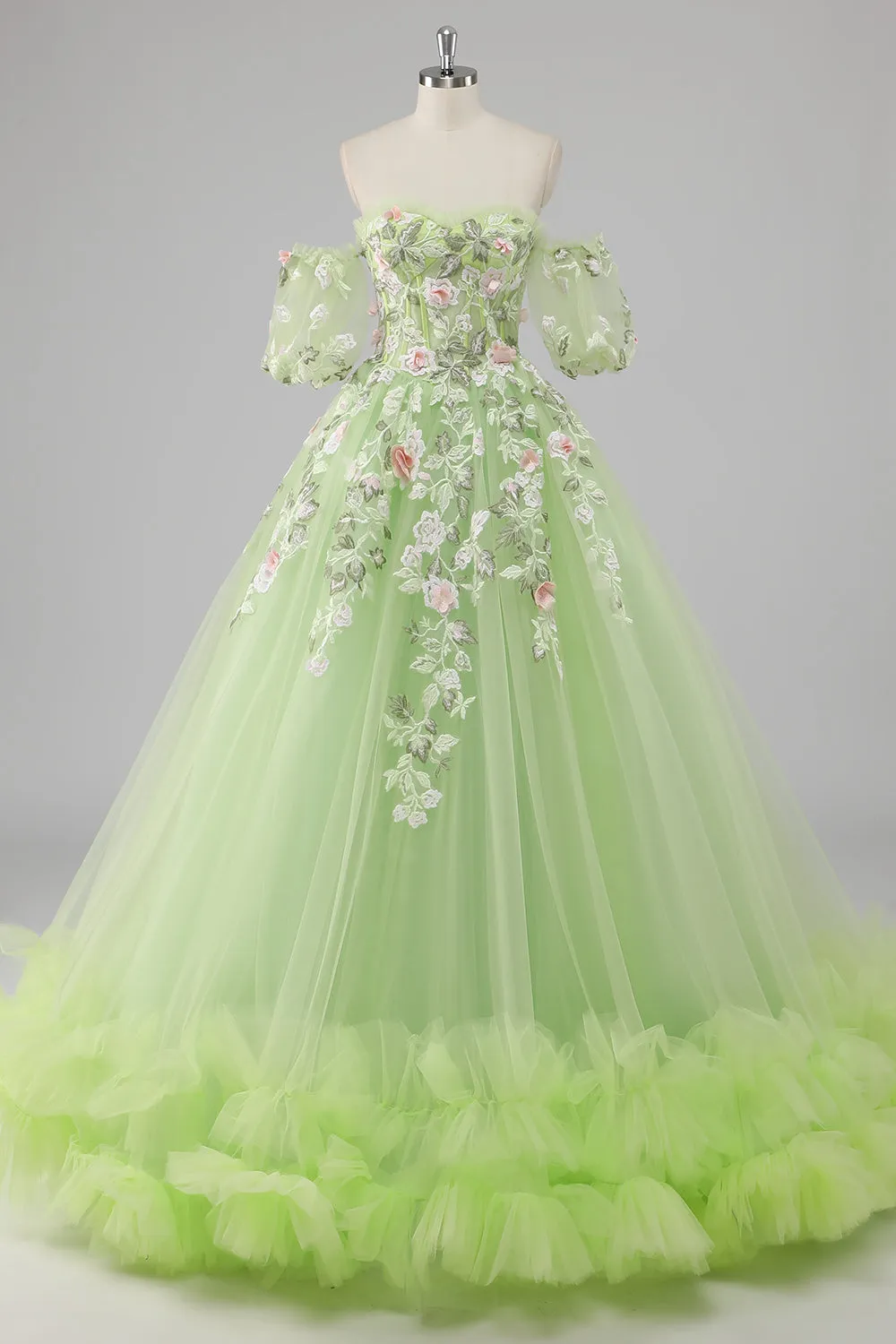 Prinzessin Zitronengrünes Ballkleid Tüll Langes Quinceanera Kleid mit Applikationen