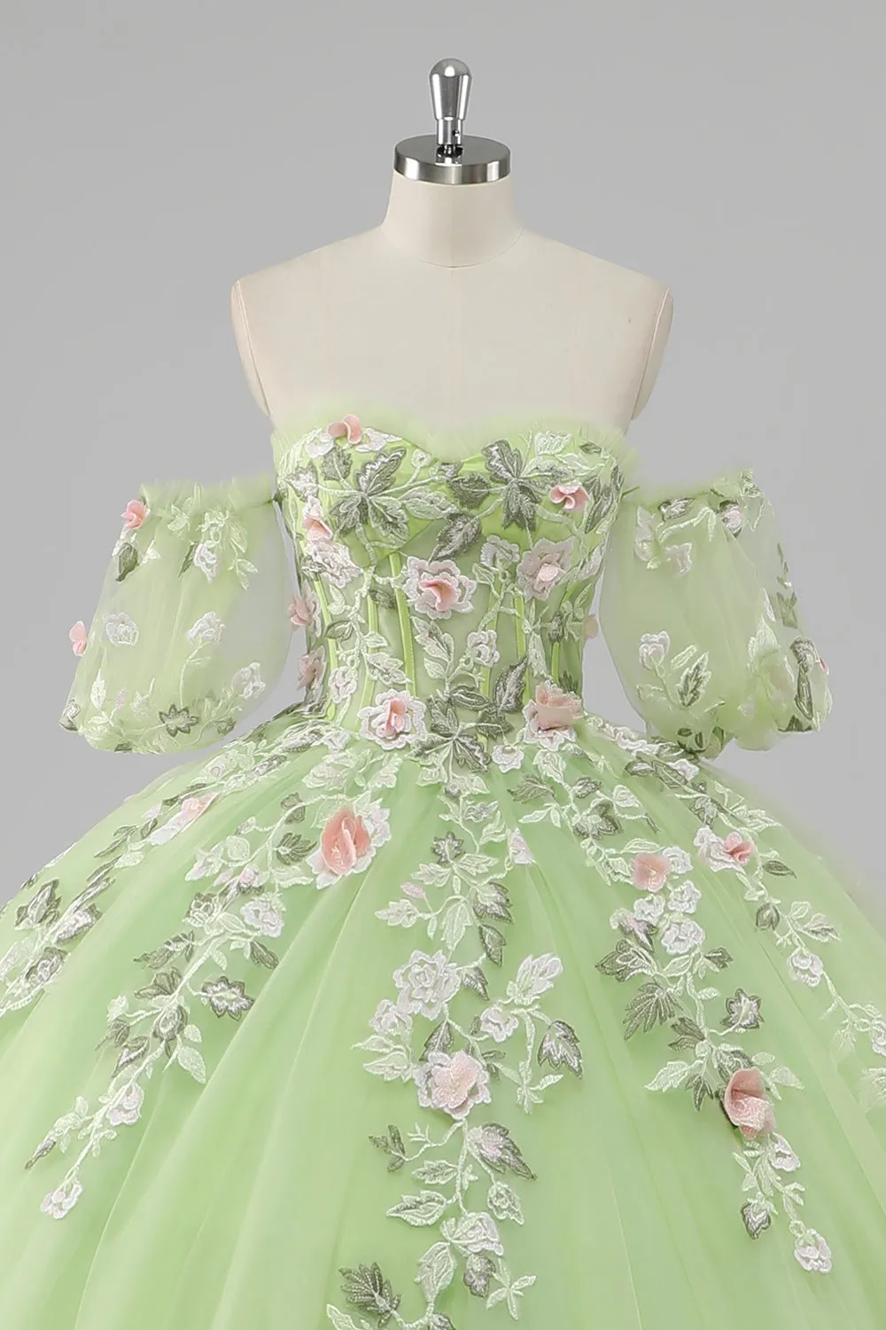 Prinzessin Zitronengrünes Ballkleid Tüll Langes Quinceanera Kleid mit Applikationen
