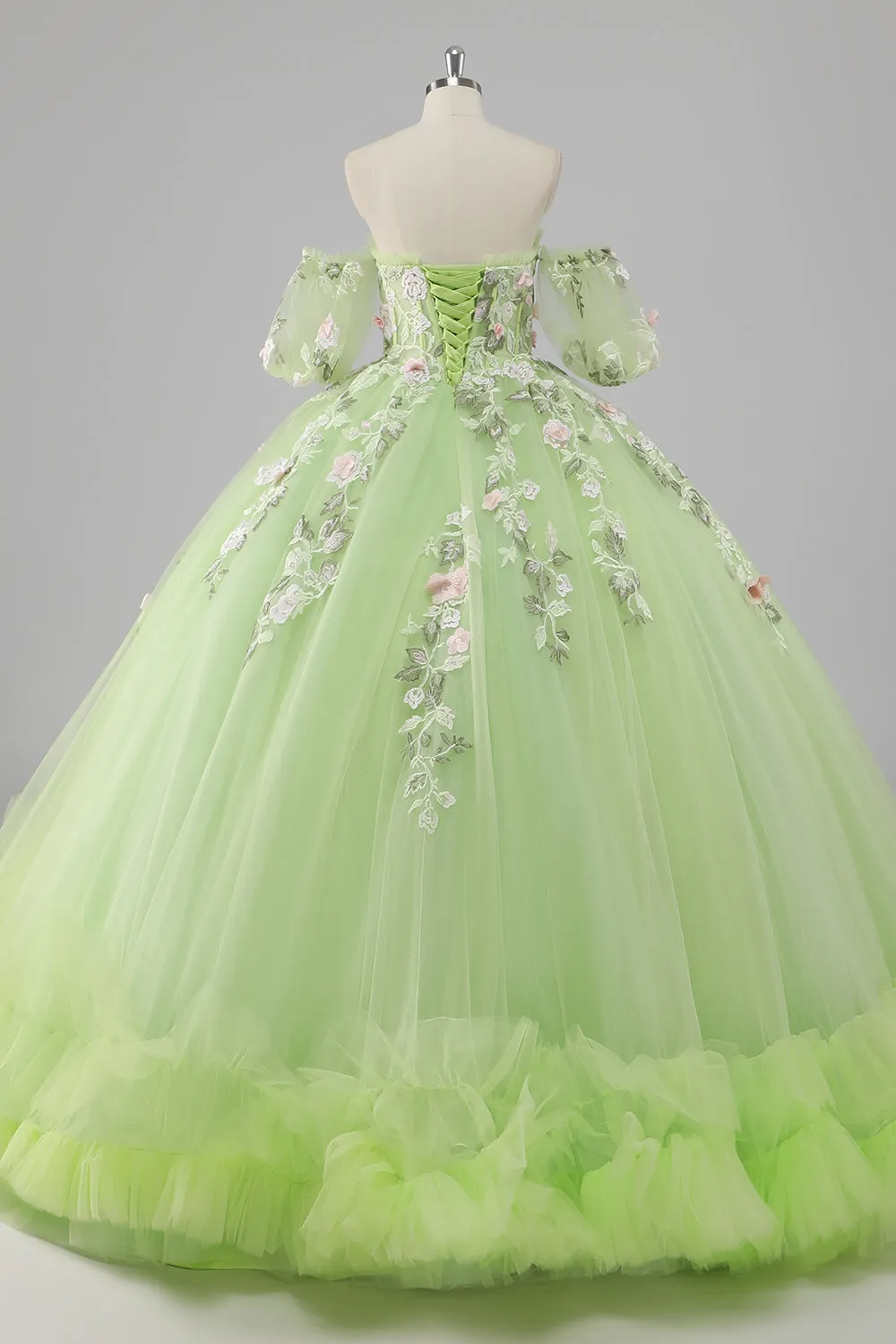 Prinzessin Zitronengrünes Ballkleid Tüll Langes Quinceanera Kleid mit Applikationen