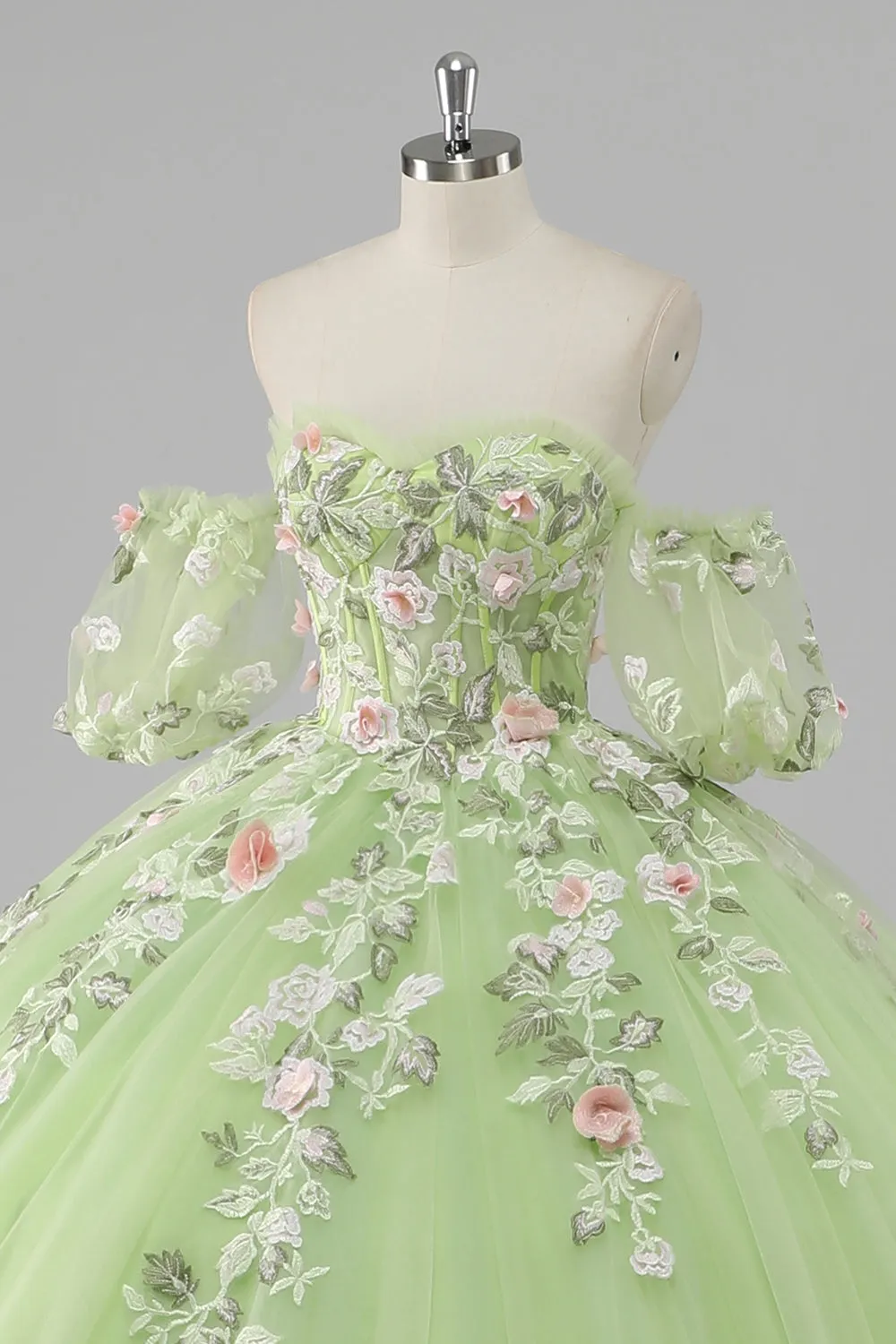 Prinzessin Zitronengrünes Ballkleid Tüll Langes Quinceanera Kleid mit Applikationen