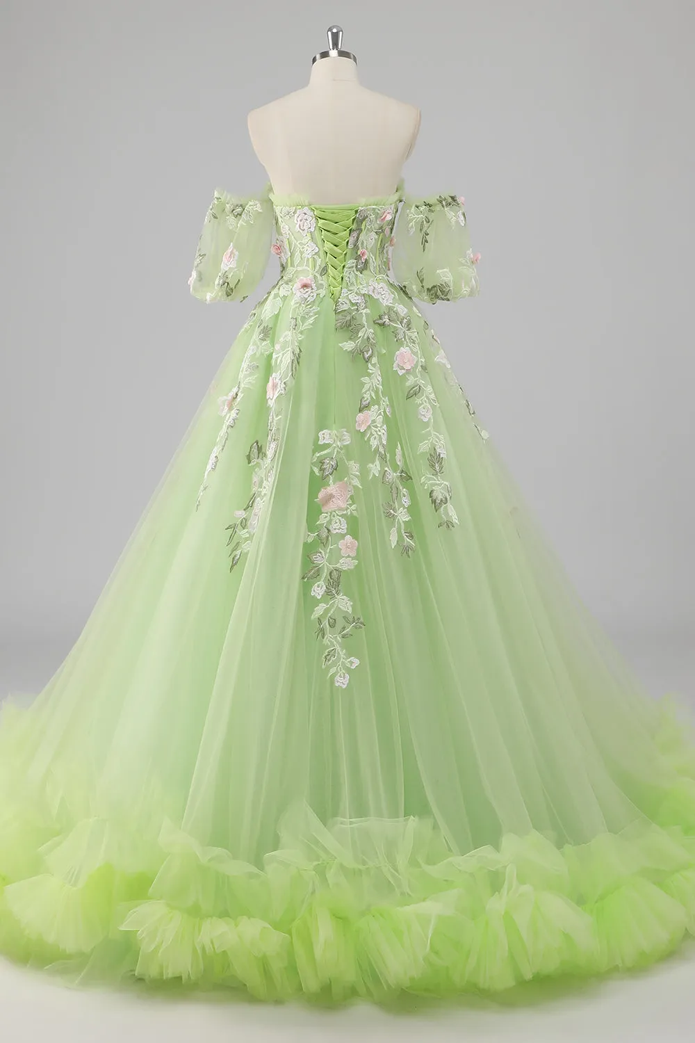 Prinzessin Zitronengrünes Ballkleid Tüll Langes Quinceanera Kleid mit Applikationen