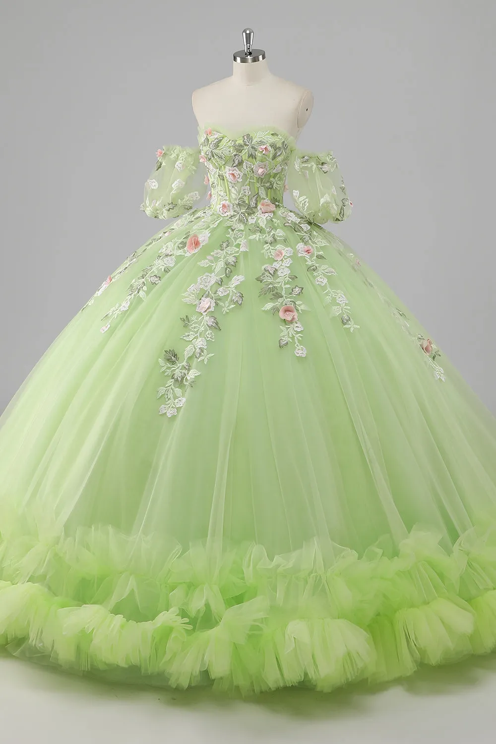 Prinzessin Zitronengrünes Ballkleid Tüll Langes Quinceanera Kleid mit Applikationen