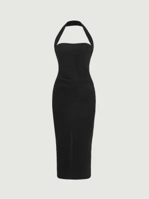 Privé Solid Split Hem Halter Dress