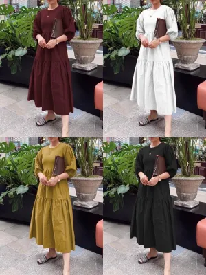 Pure Color Puff Sleeve Ruffles Hem Tiered 3/4 Sleeve Bohemian Women Maxi Dress