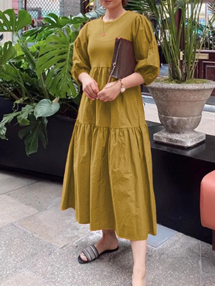 Pure Color Puff Sleeve Ruffles Hem Tiered 3/4 Sleeve Bohemian Women Maxi Dress