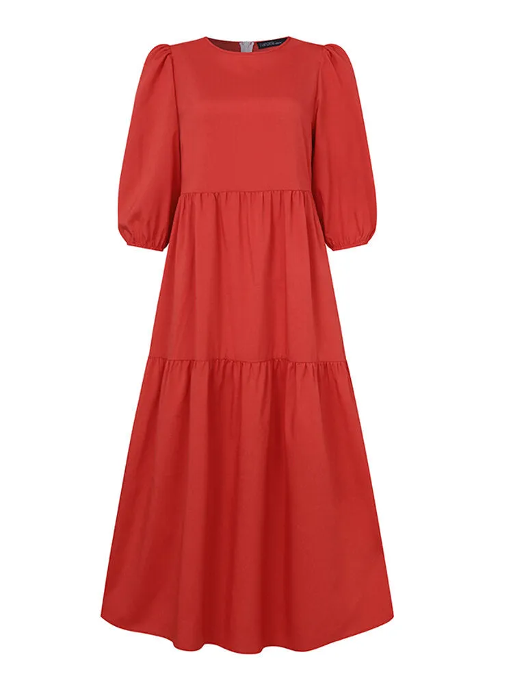 Pure Color Puff Sleeve Ruffles Hem Tiered 3/4 Sleeve Bohemian Women Maxi Dress