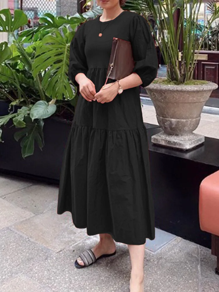Pure Color Puff Sleeve Ruffles Hem Tiered 3/4 Sleeve Bohemian Women Maxi Dress