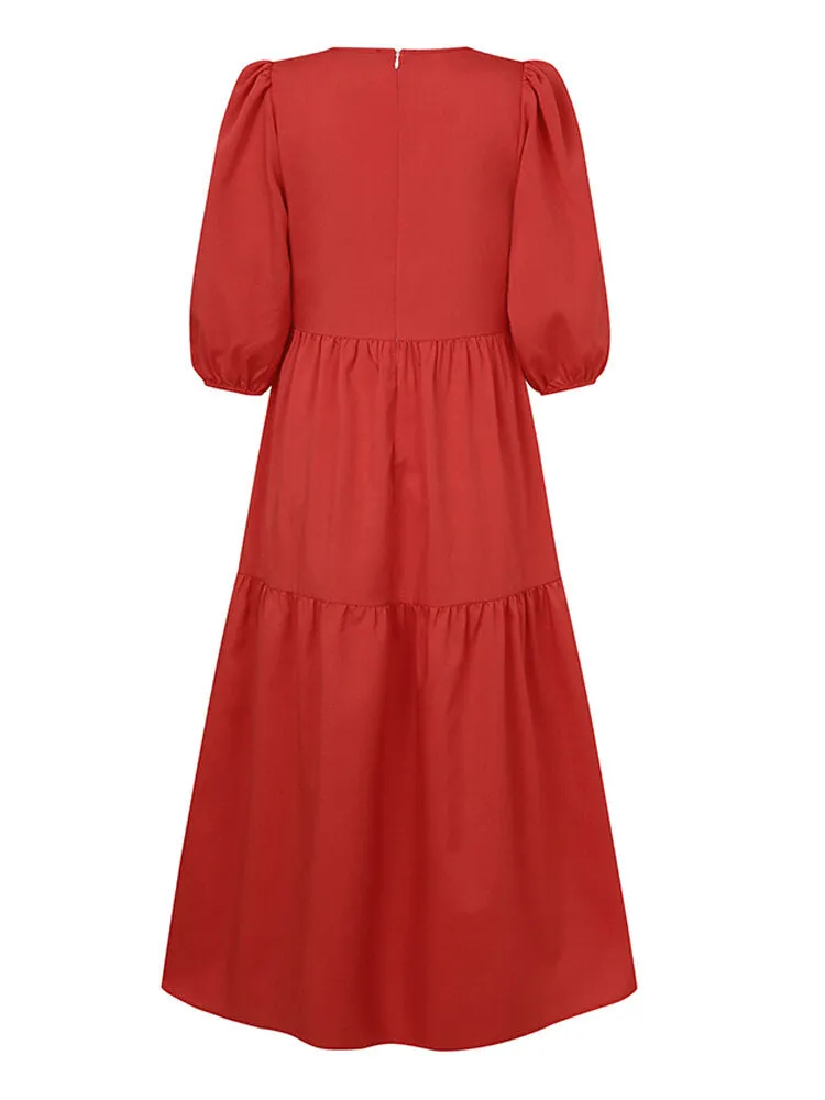 Pure Color Puff Sleeve Ruffles Hem Tiered 3/4 Sleeve Bohemian Women Maxi Dress