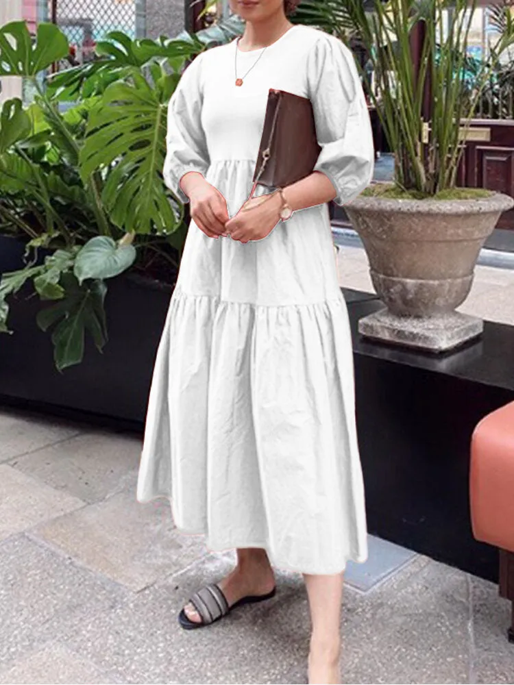 Pure Color Puff Sleeve Ruffles Hem Tiered 3/4 Sleeve Bohemian Women Maxi Dress