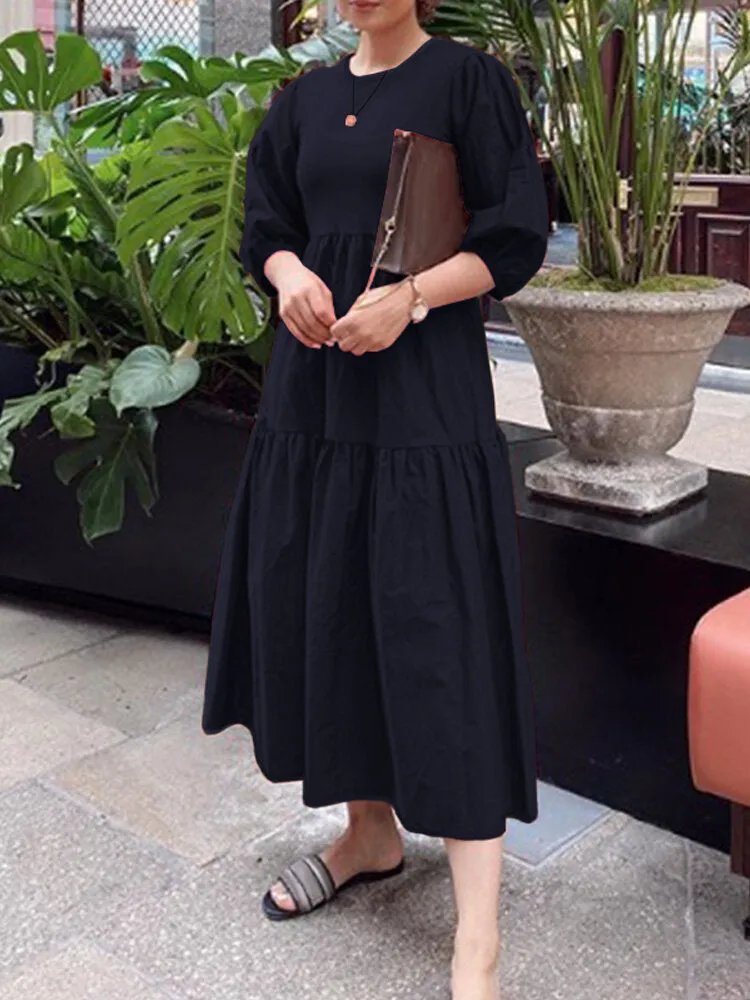 Pure Color Puff Sleeve Ruffles Hem Tiered 3/4 Sleeve Bohemian Women Maxi Dress
