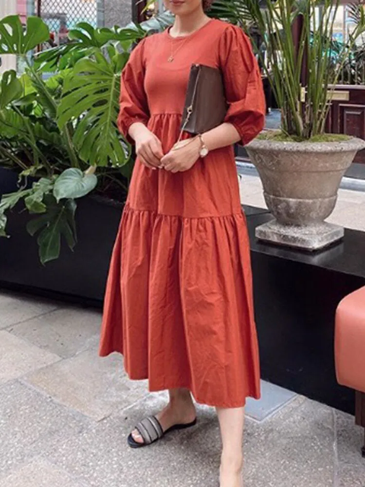 Pure Color Puff Sleeve Ruffles Hem Tiered 3/4 Sleeve Bohemian Women Maxi Dress
