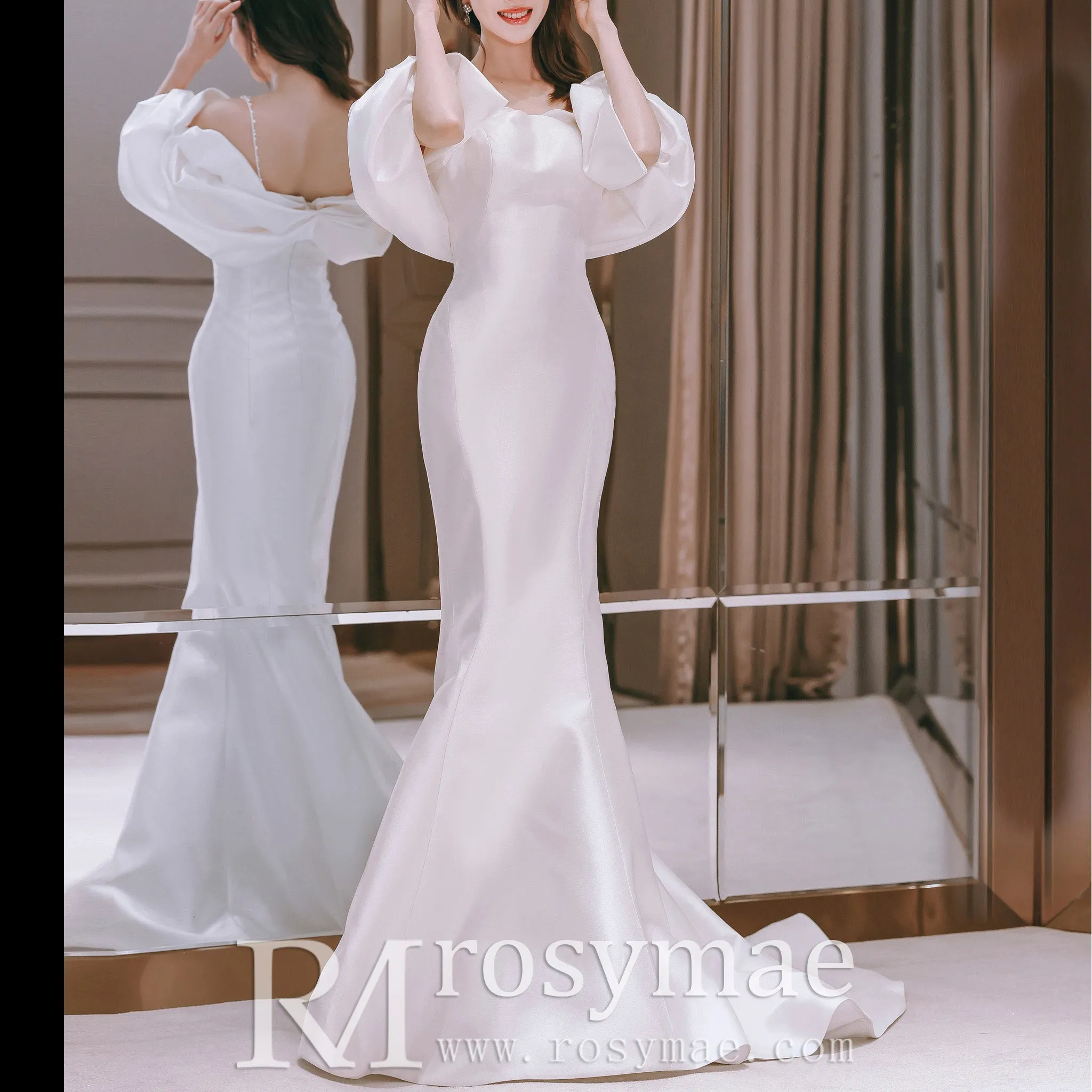 Queen Anne Neckline Mermaid Wedding Dresses with Convertible Sleeves