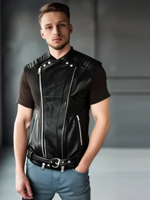 Quilted Black Genuine Leather Moto Vest for Men