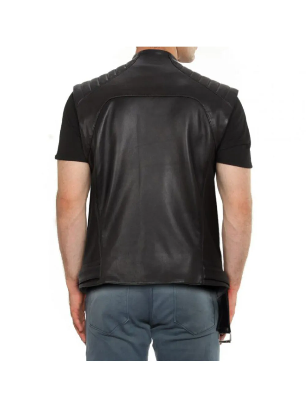 Quilted Black Genuine Leather Moto Vest for Men