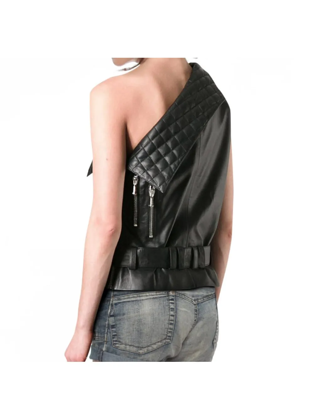Quilted Lapel One-Shoulder Leather Vest