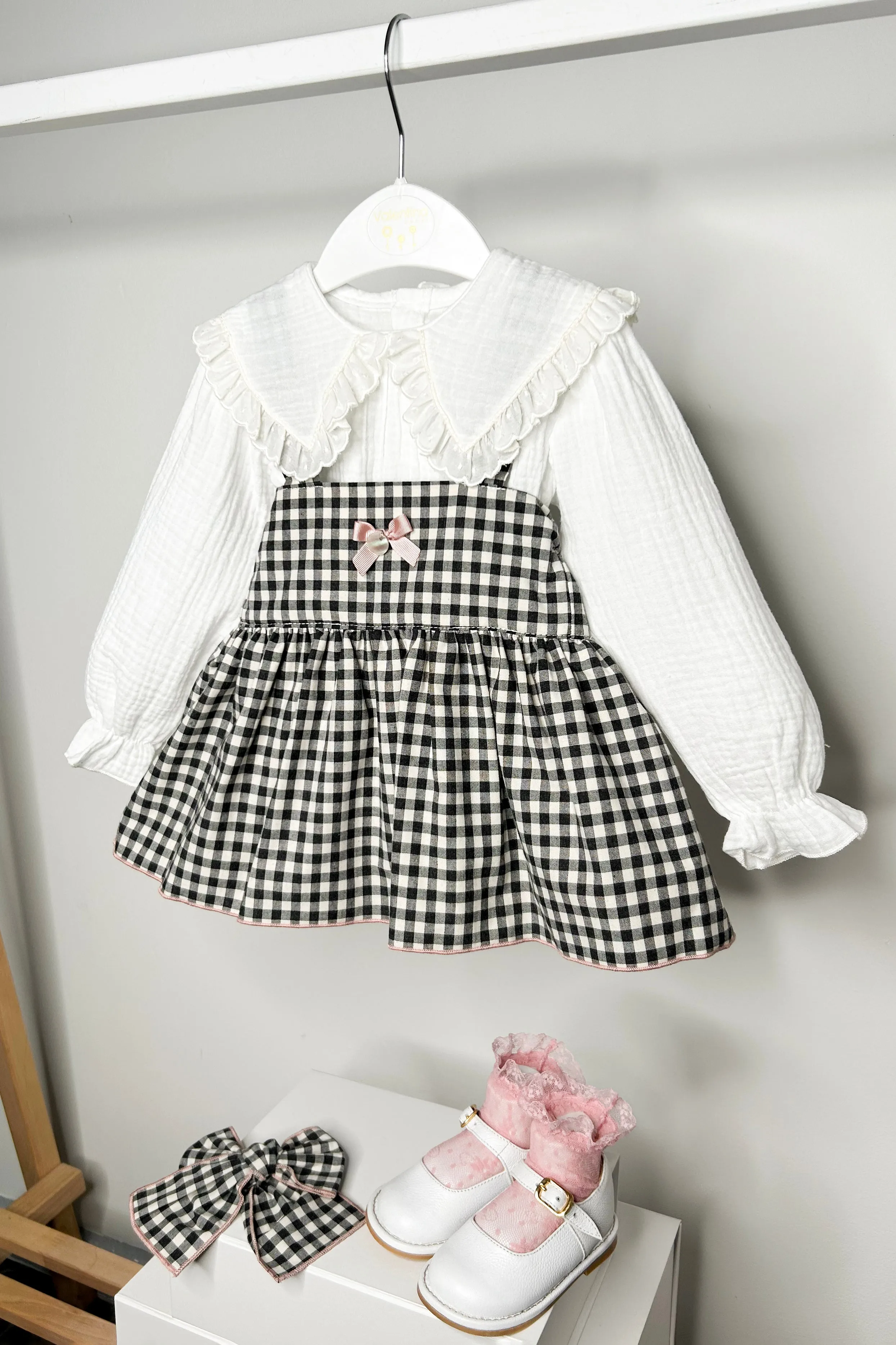 "Petra" Black Gingham Pinafore Dress Set