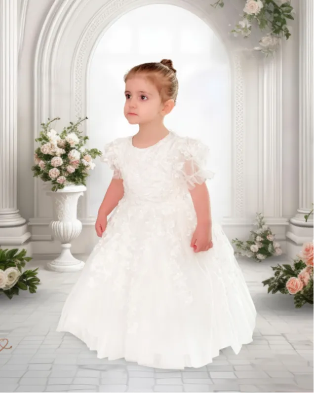 "Zezé" 3D Embroidery Flower Girl Dress / Holly Communion with Puffy Sleeves