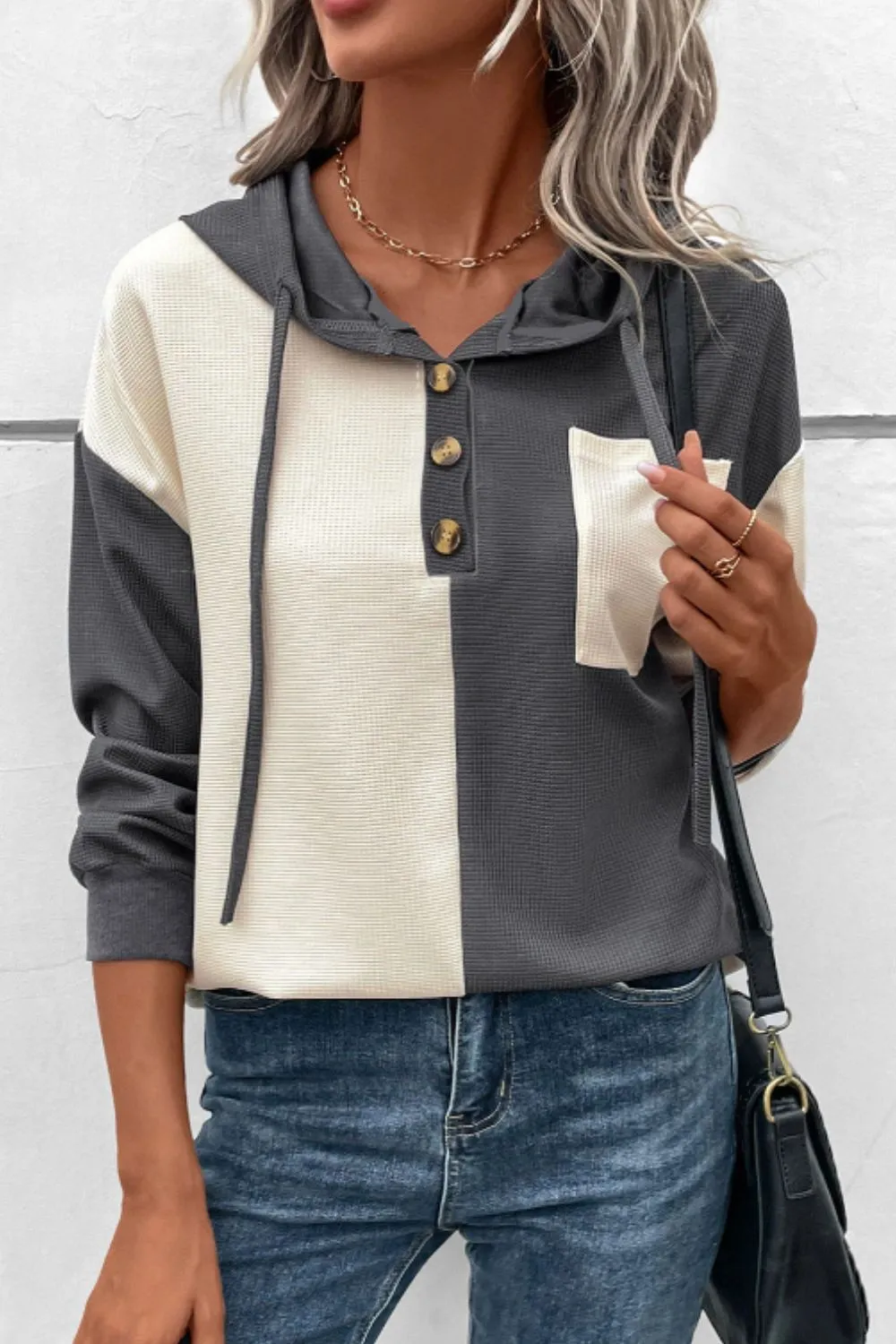 Rebecca Waffle-Knit Two-Tone Long Sleeve Hoodie