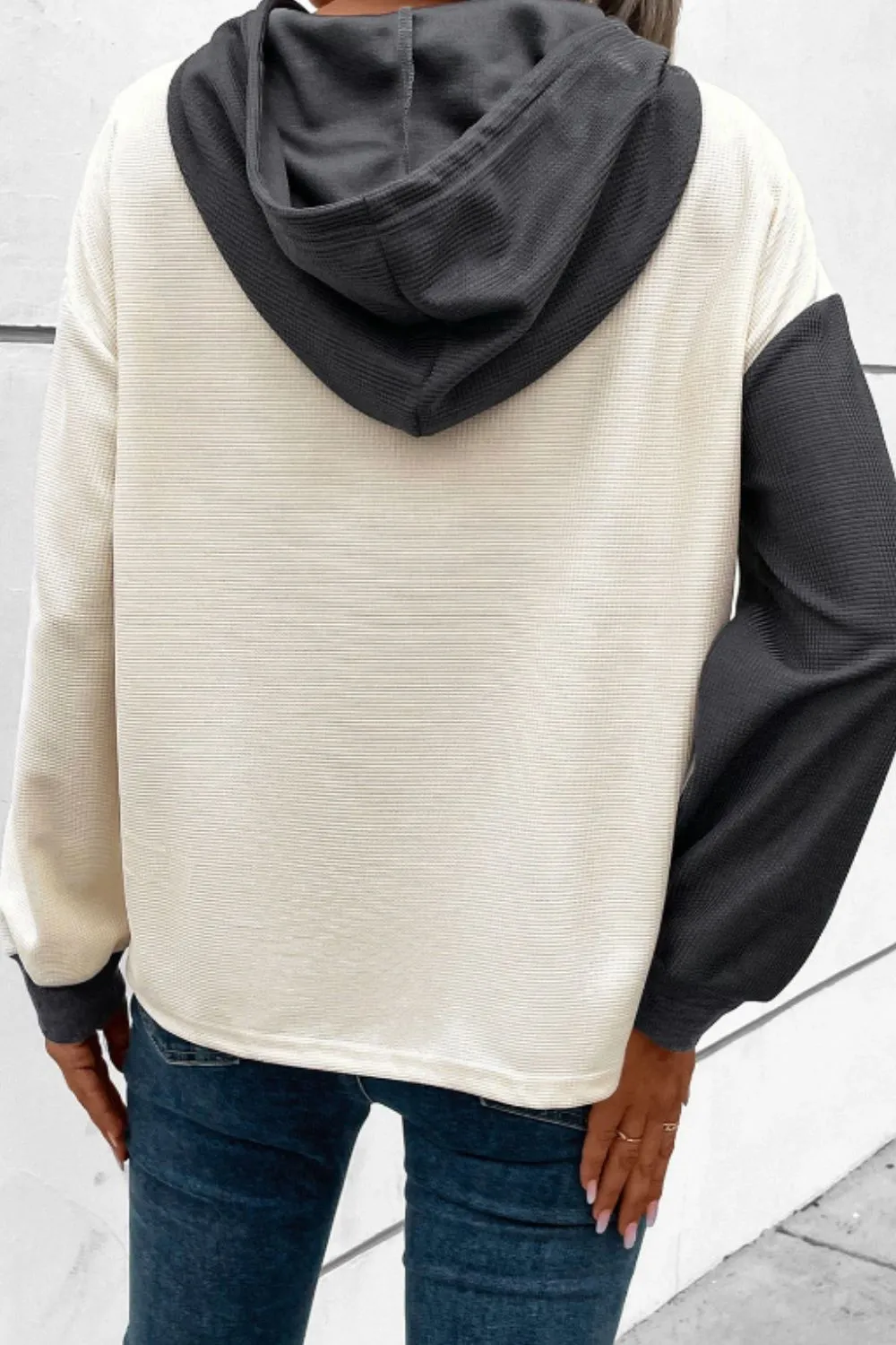 Rebecca Waffle-Knit Two-Tone Long Sleeve Hoodie