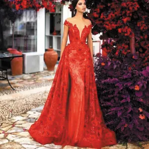 red lace prom dresses 2020 detachable train elegant short sleeve beaded cheap prom gown robe de soiree 2021