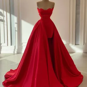 red prom dresses with detachable skirt real photo satin elegant simple prom gown vestido de fiesta