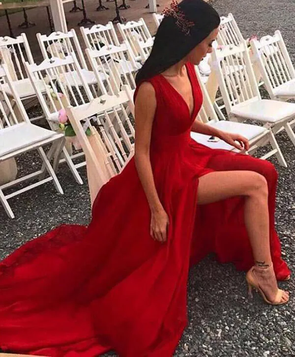 Red Split Prom Dresses,V Neck Chiffon Evening Dresses, Sexy Party Gowns, MI32