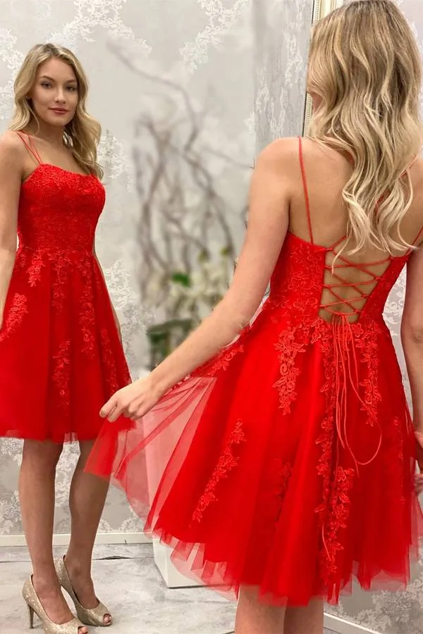 Red Tulle Lace Spaghetti Straps Homecoming Dresses, Short Prom Dress, MH530