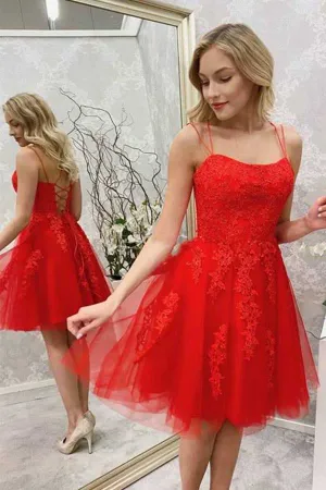 Red Tulle Lace Spaghetti Straps Homecoming Dresses, Short Prom Dress, MH530