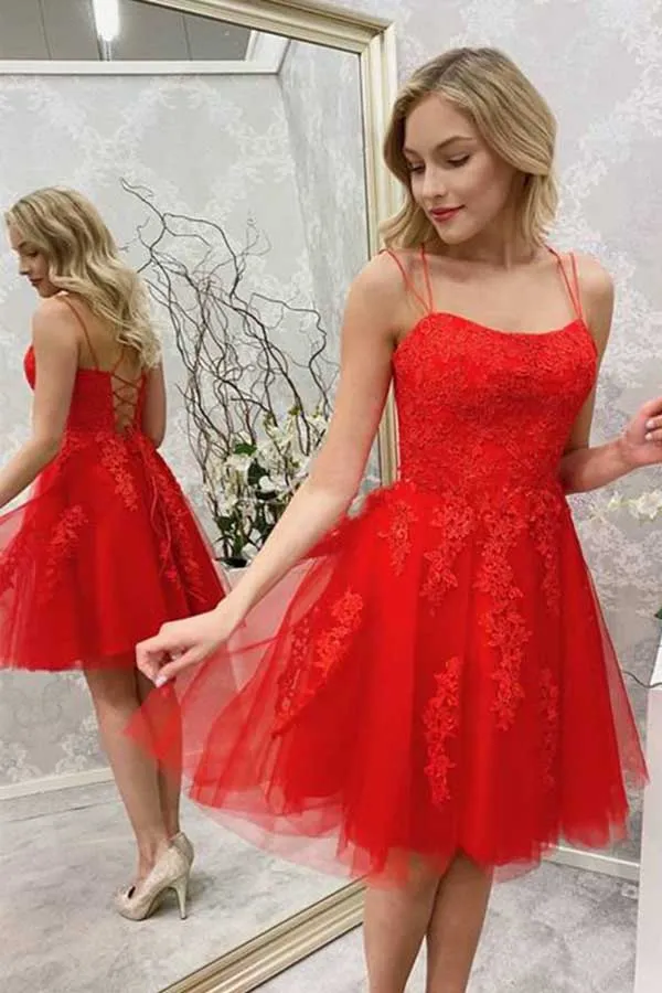 Red Tulle Lace Spaghetti Straps Homecoming Dresses, Short Prom Dress, MH530