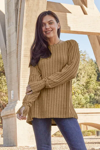 Renira Full Size Ribbed Round Neck Long Sleeve Knit Top