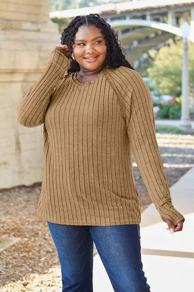 Renira Full Size Ribbed Round Neck Long Sleeve Knit Top