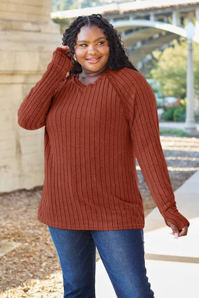 Renira Full Size Ribbed Round Neck Long Sleeve Knit Top