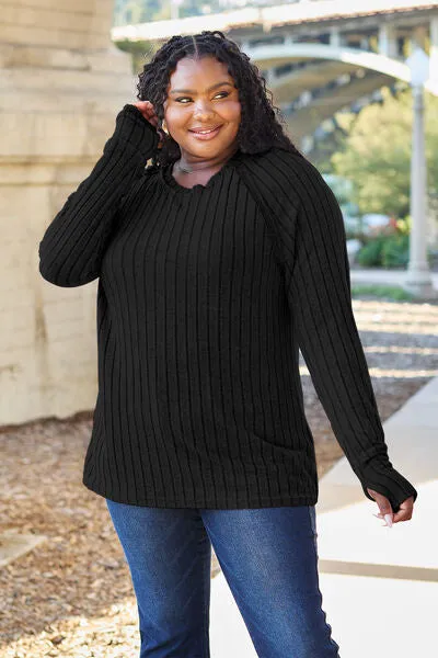 Renira Full Size Ribbed Round Neck Long Sleeve Knit Top