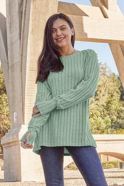 Renira Full Size Ribbed Round Neck Long Sleeve Knit Top