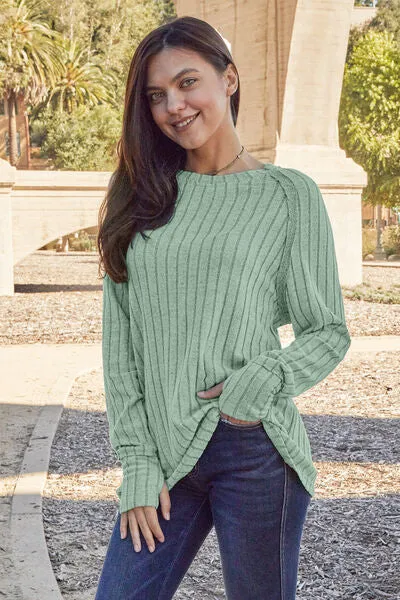 Renira Full Size Ribbed Round Neck Long Sleeve Knit Top
