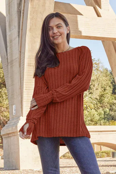 Renira Full Size Ribbed Round Neck Long Sleeve Knit Top