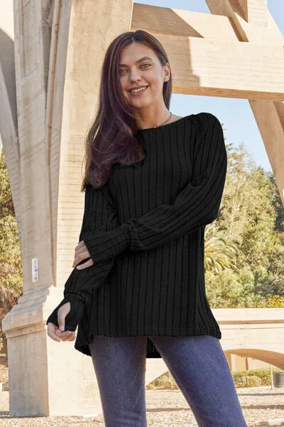 Renira Full Size Ribbed Round Neck Long Sleeve Knit Top