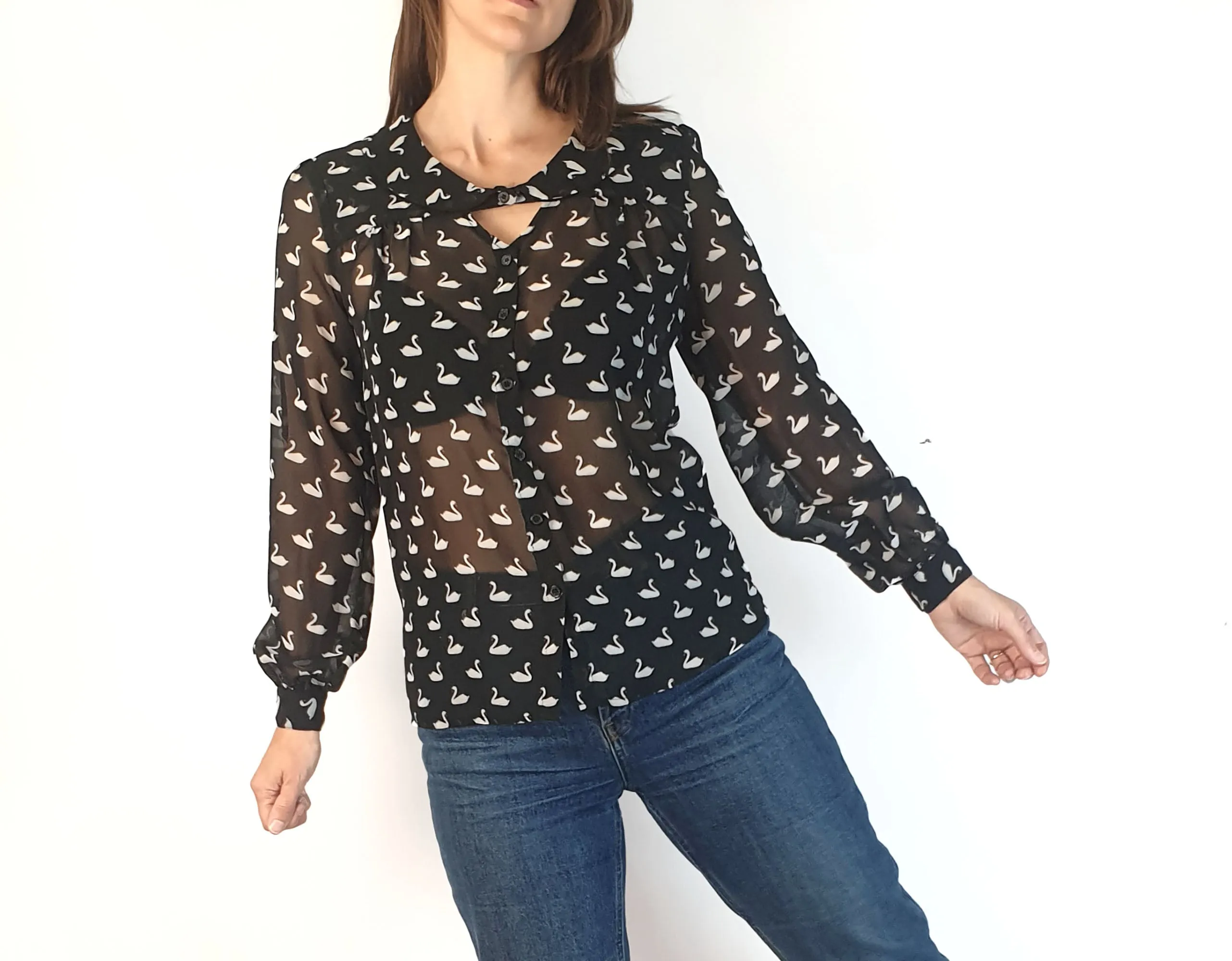 Revival black sheer swan print shirt size 8