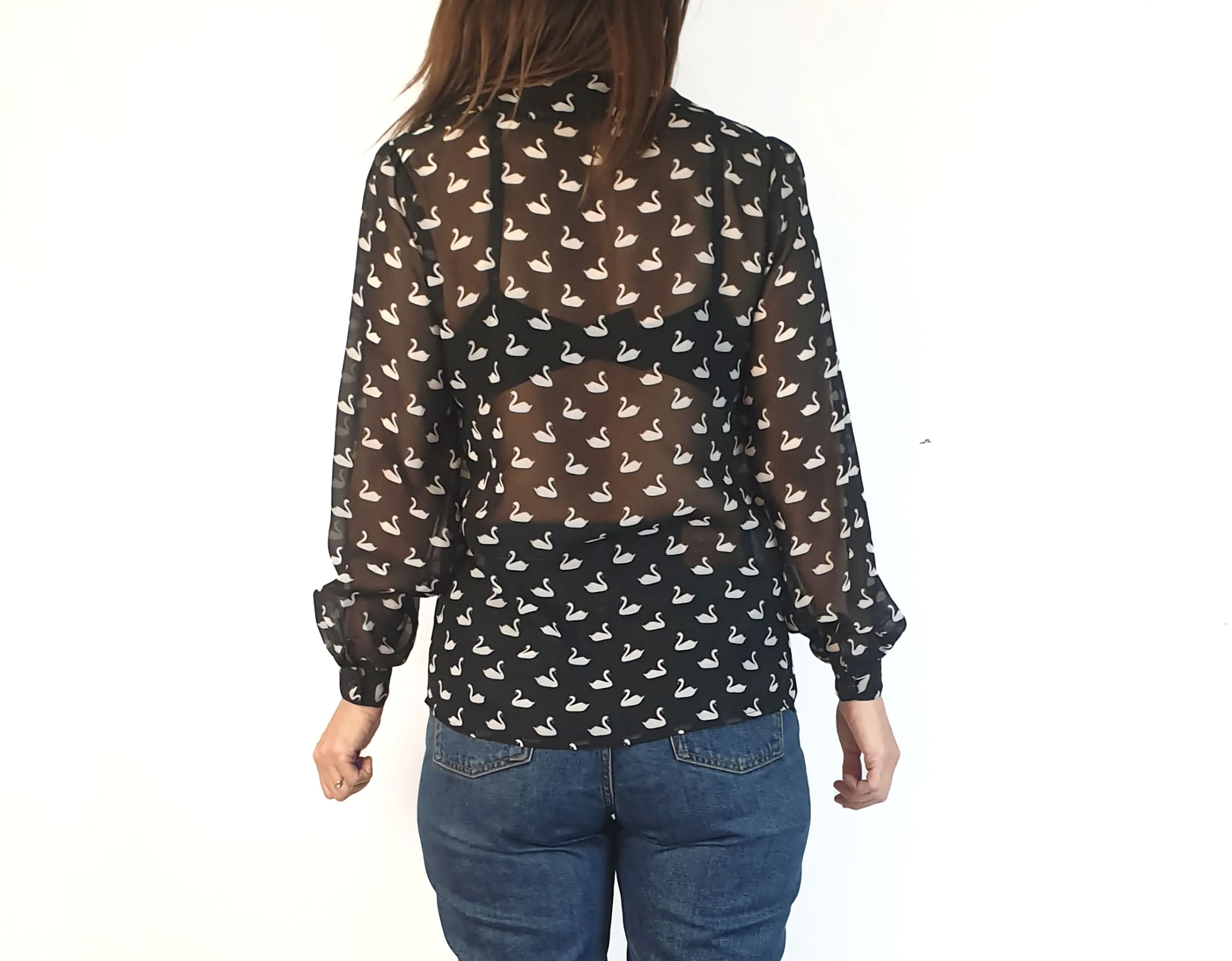 Revival black sheer swan print shirt size 8