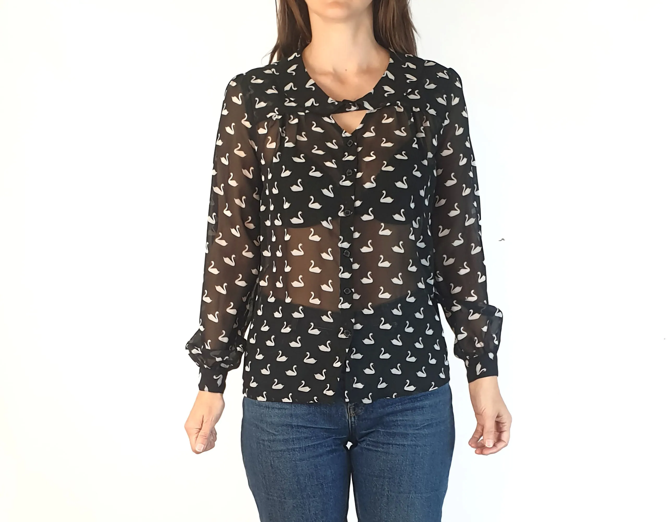 Revival black sheer swan print shirt size 8